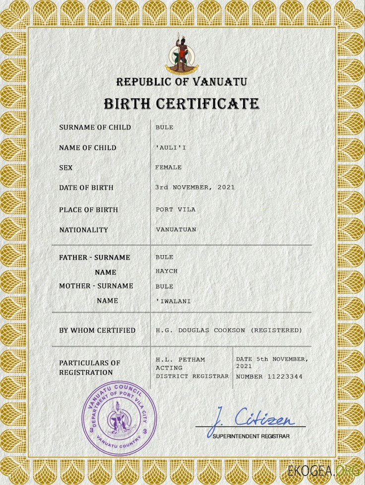 Modèle PSD de certificat de naissance d'état civil de Vanuatu